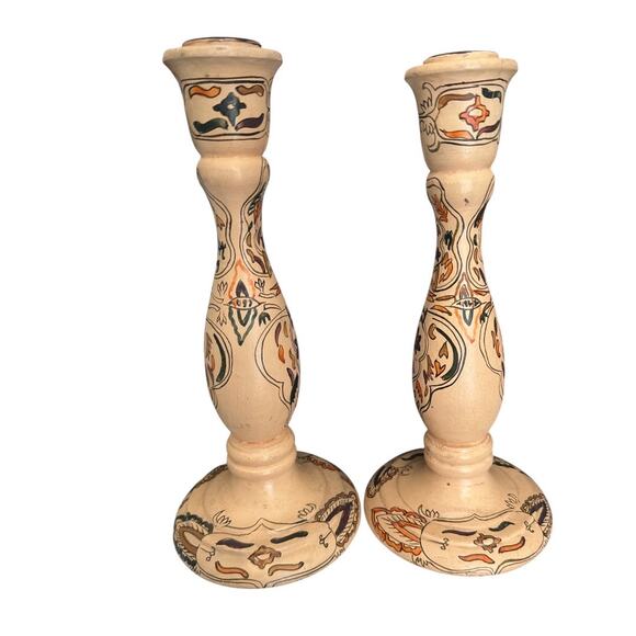 Unique Hand Painted Floral Neutral Colors Wooden Candle Holders Set of 2 - Picture 1 of 10